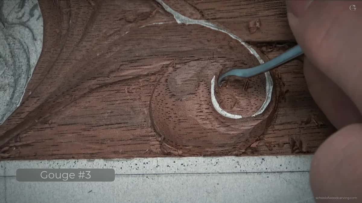 Blue steel bent tool inside the hollow of a curl, with a Gouge #3 label at the lower left