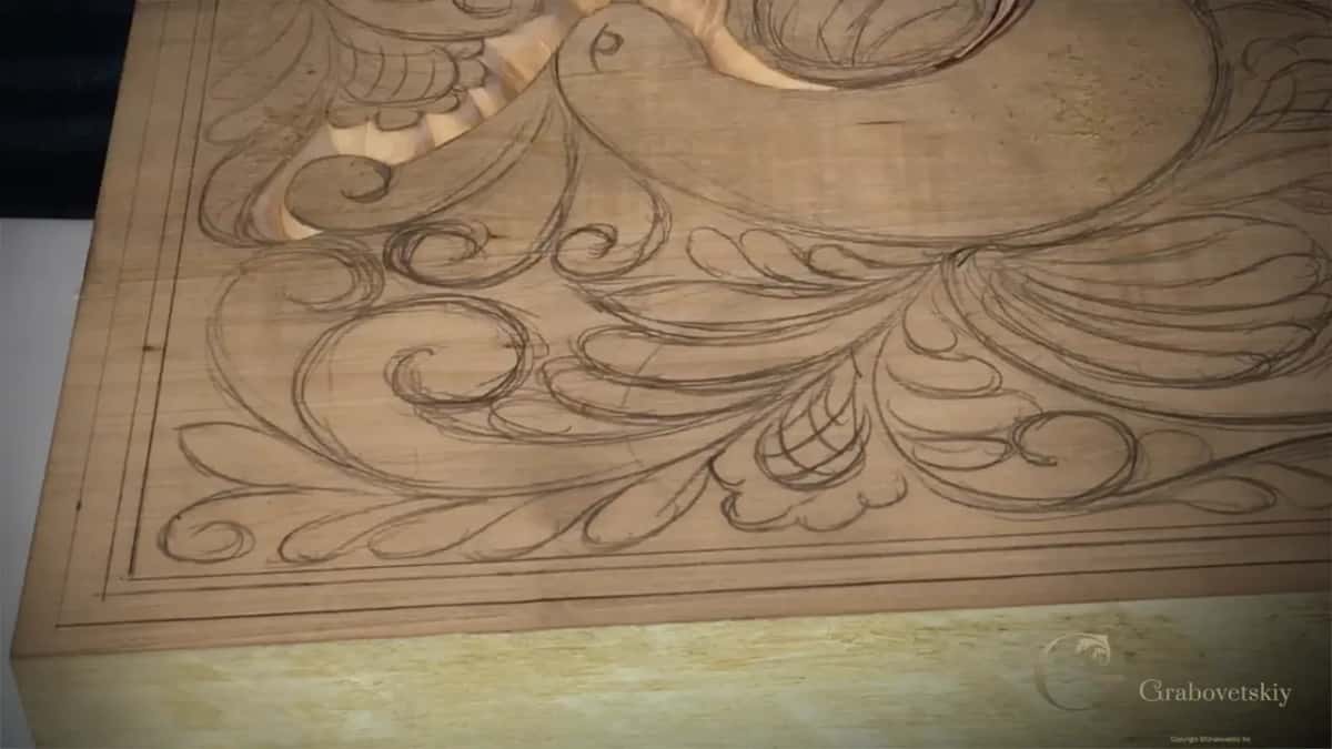 Pencil curls and leaves cover nearly the whole board, with only a few spots carved near the top.