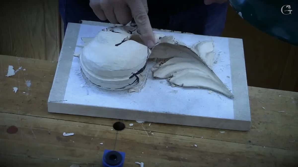 A finger on the spot where the dome meets the leaf, chips on the bench beside the board