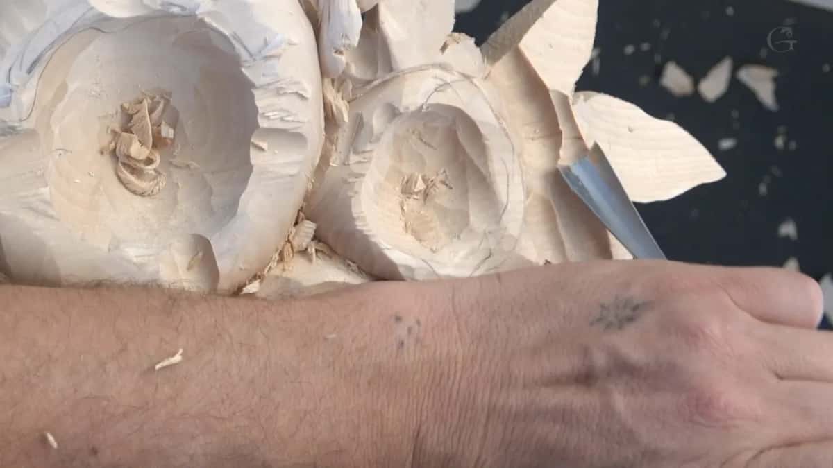 Blade angled in at the right, arm across two rings
