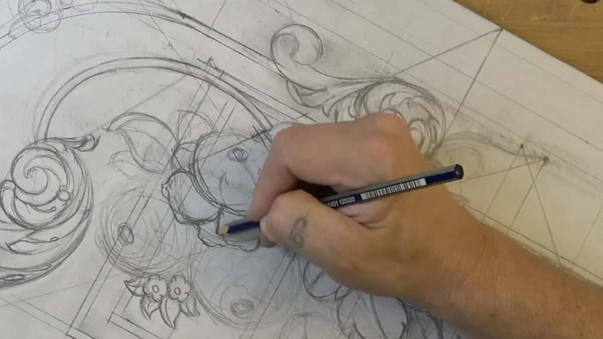 Barcode visible on the blue pencil as it draws petals, small round flowers lower down