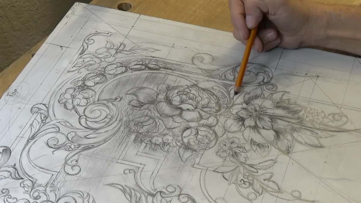 Dark shading under the bouquet as an orange pencil works at its upper right