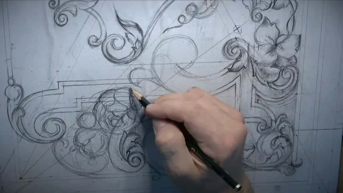 Round flower heads sketched one over another in the lower section of the panel