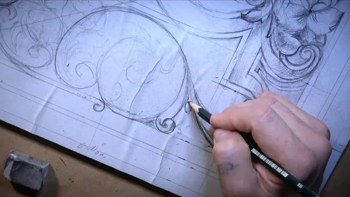 An 8B pencil drawing a small curl where the long S curve meets the lower border