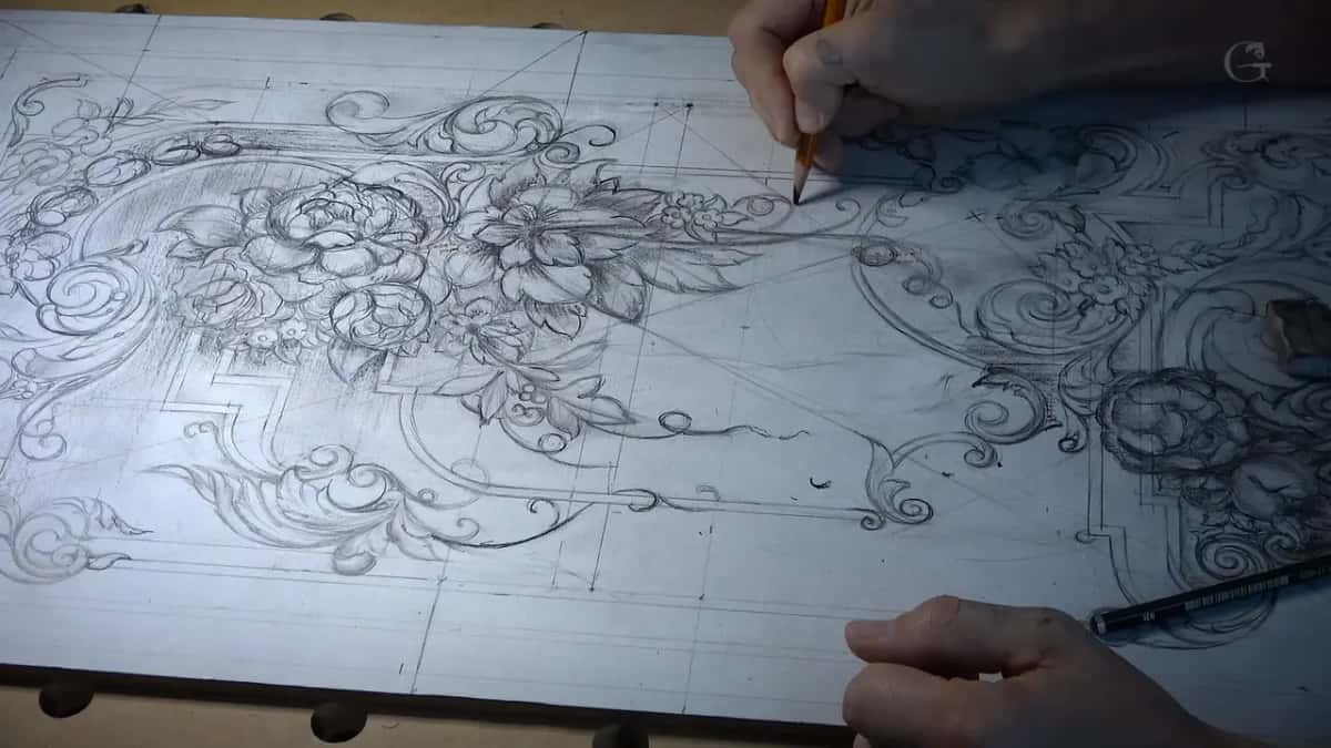 Full drawing from a low angle, a pencil at the top edge and a black one at the bottom