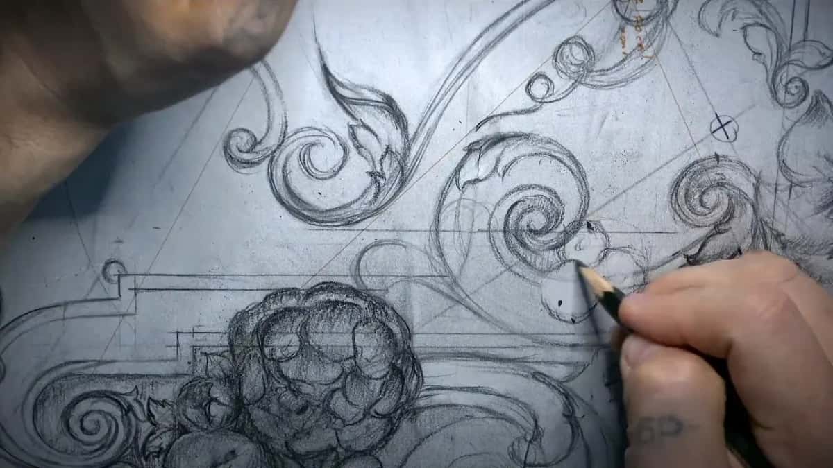 Dark pencil adding small flowers