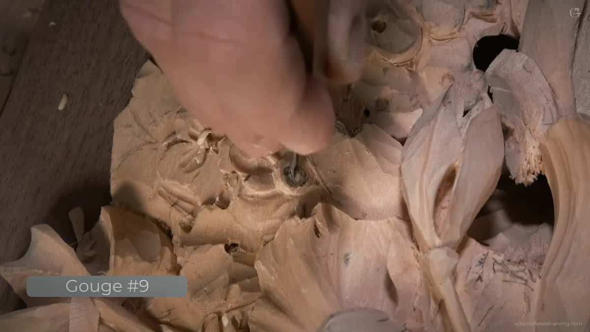Carved leaves and flowers in deep layers, with Gouge #9 labeled on screen