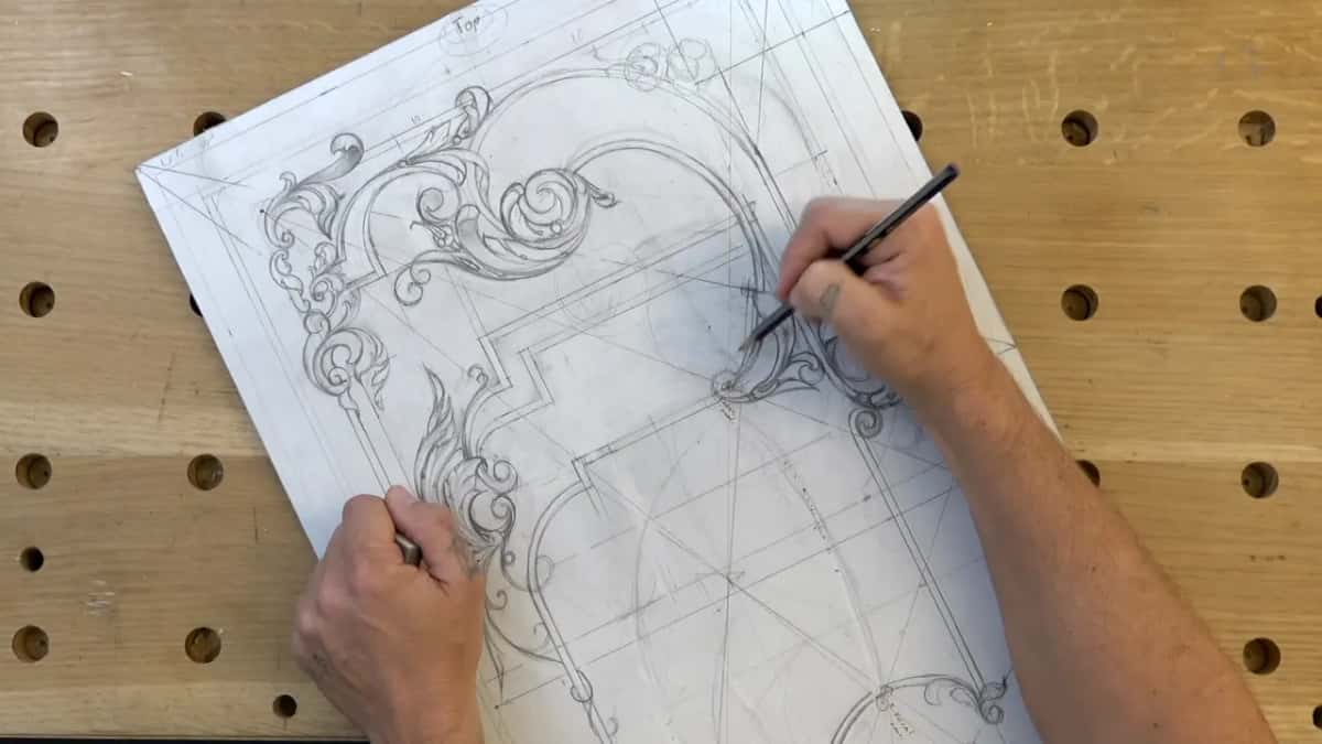 Sheet turned on the bench, pencil at a scroll on the right