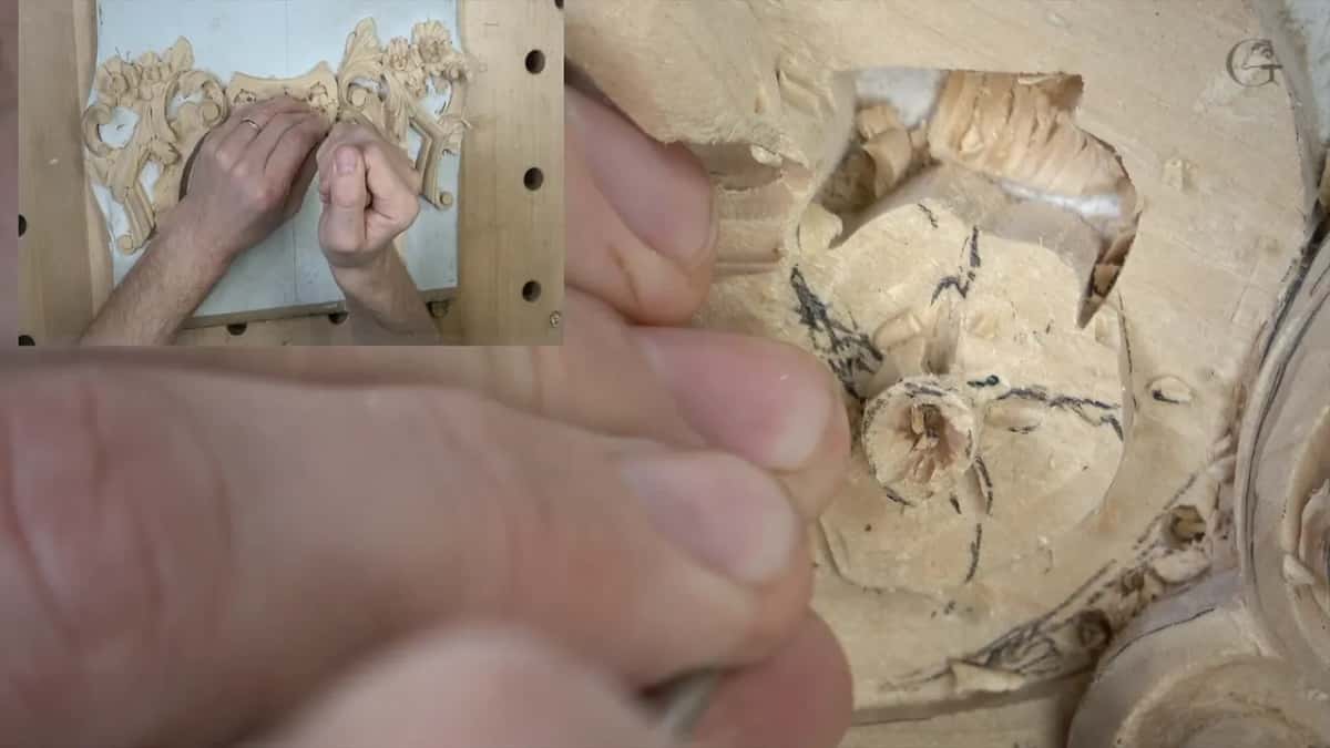 Fingertips close around a tiny tool at the center, pencil lines on the petals, an inset above