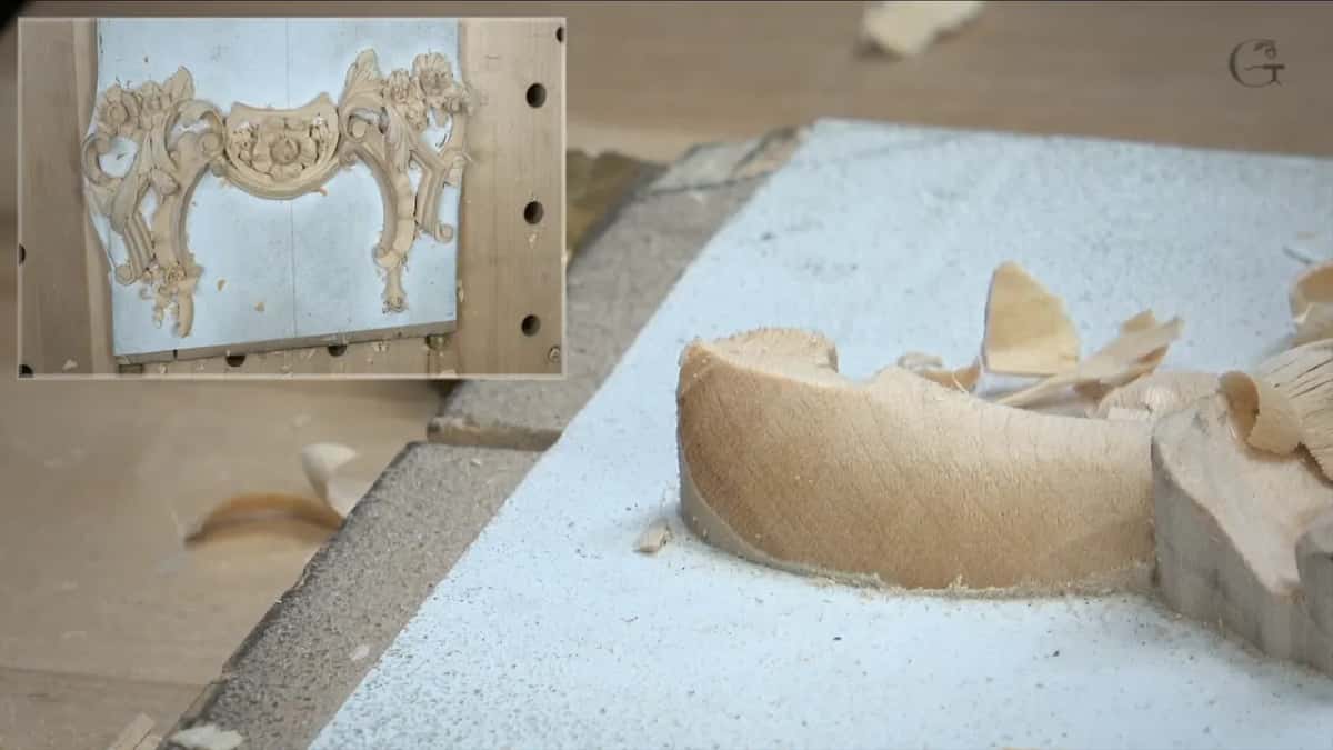 Low side view of the curled end, its top falling toward the board, shavings resting behind it