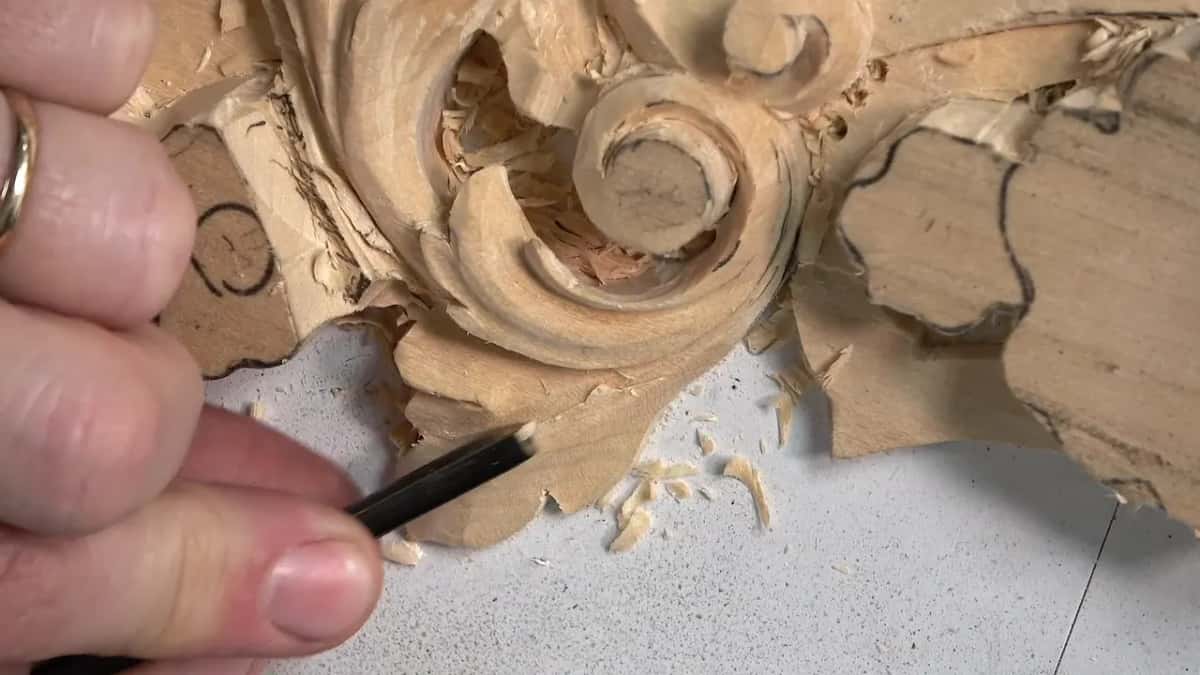 Pencil point under a carved scroll, the next leaf still flat with its outline drawn
