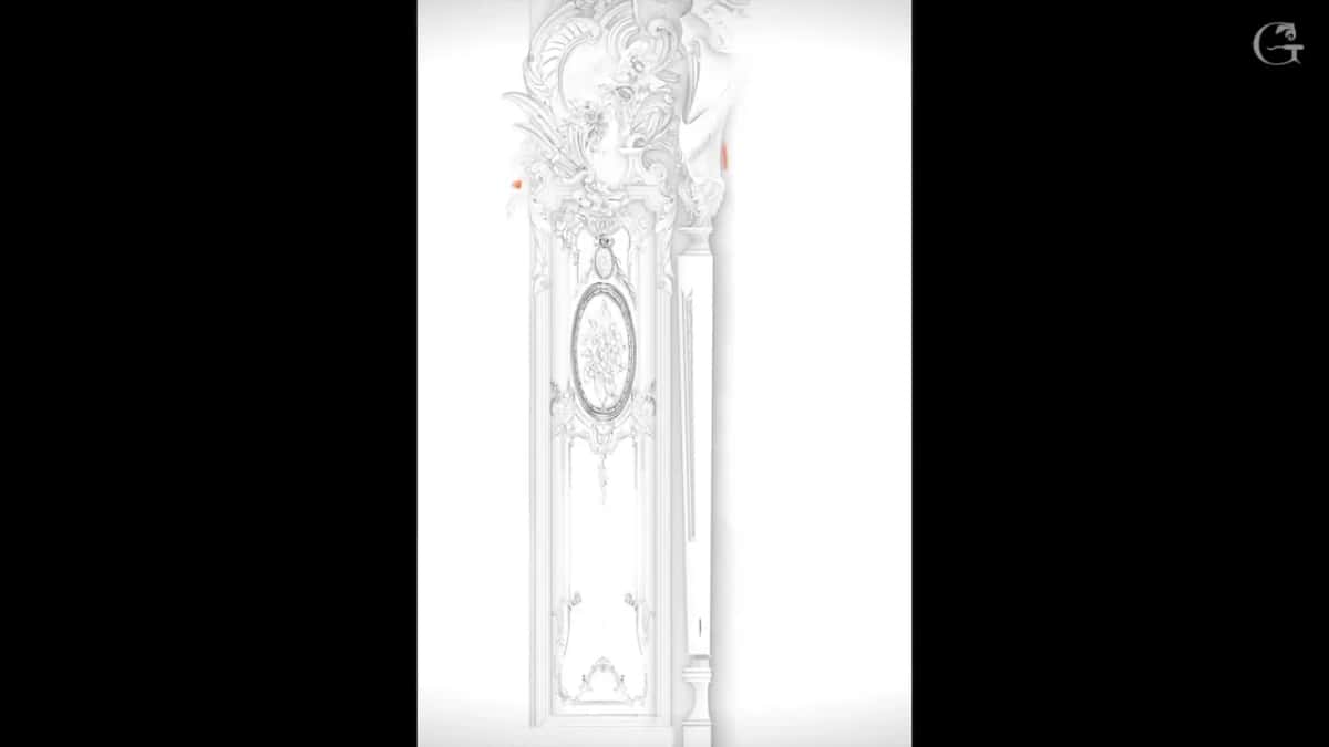Drawing of the tall panel, an oval near its middle, black bars down both sides