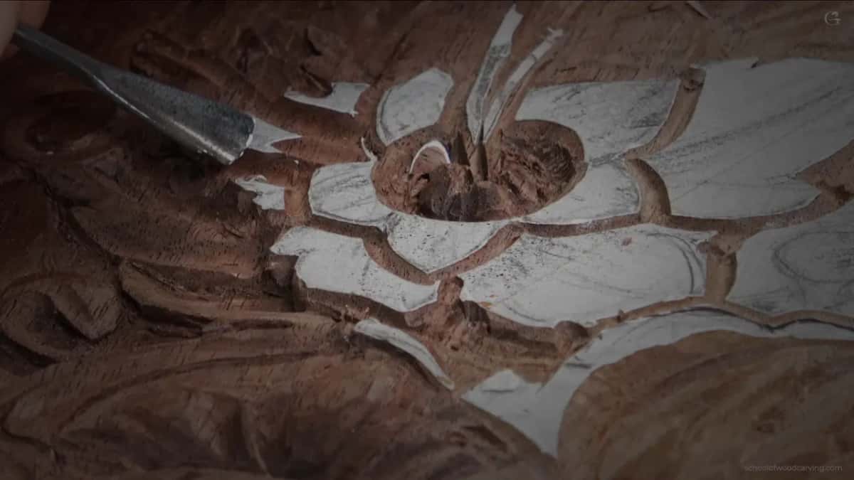 A gouge tip at a left petal's edge, a curled shaving sitting in the dug middle