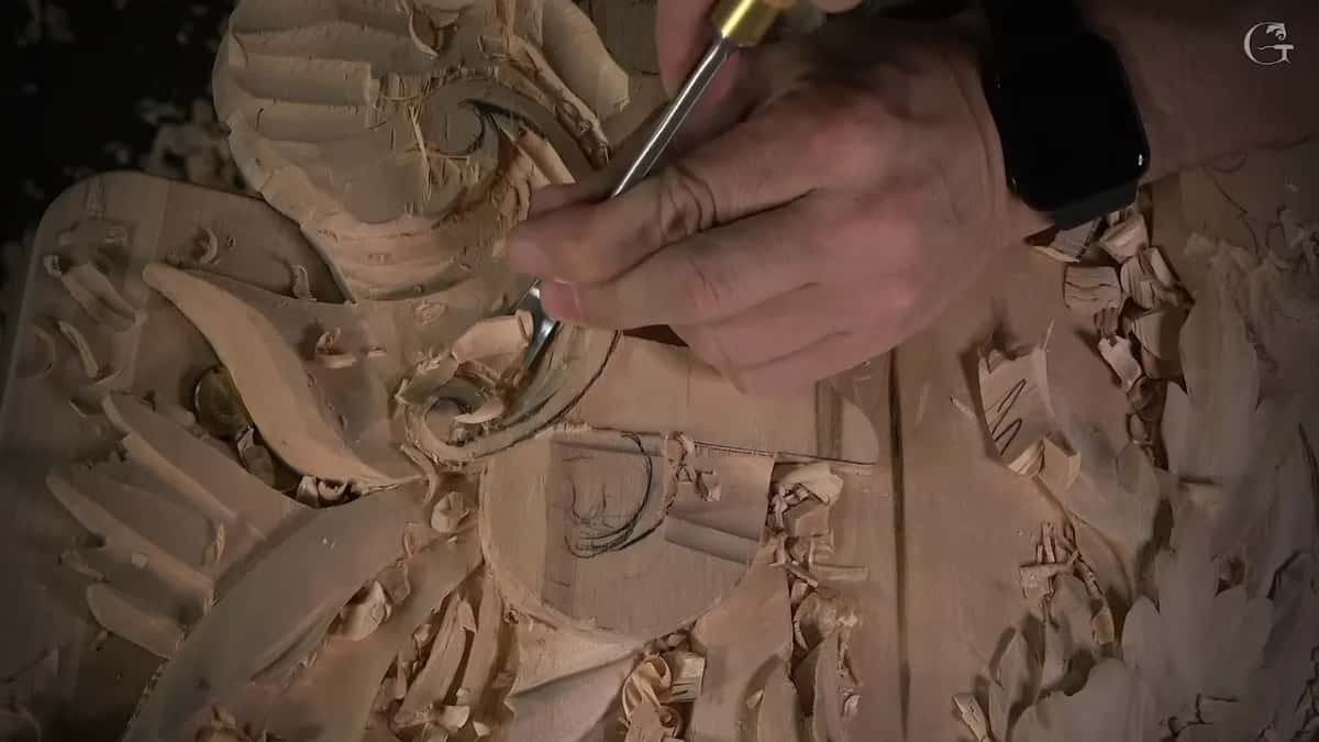 Gouge working inside the curl of the volute