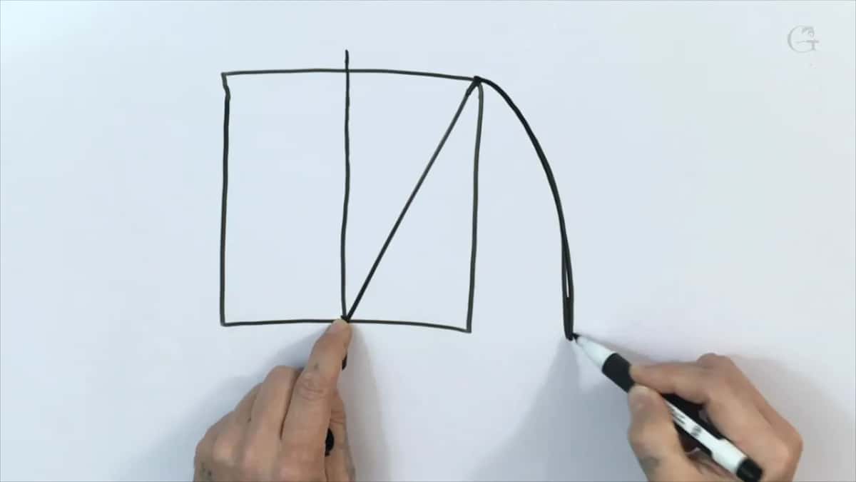 A finger pins the middle of the base while the marker brings an arc down past the square