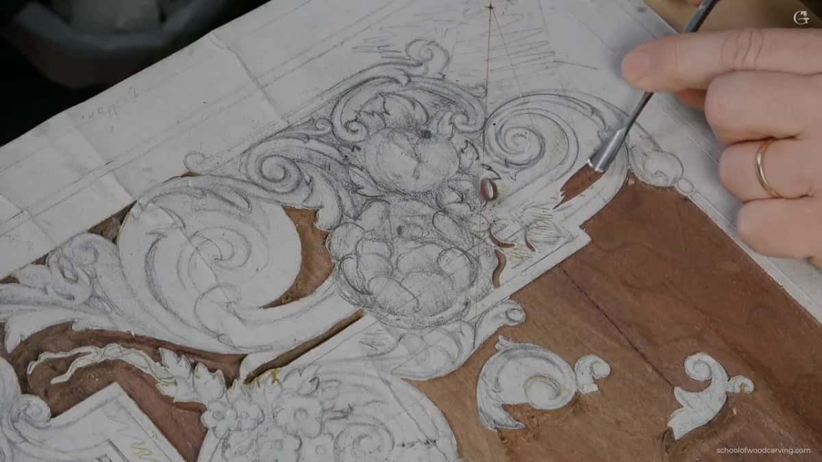 Graphite drawing on the paper pattern, a gouge coming in from the right