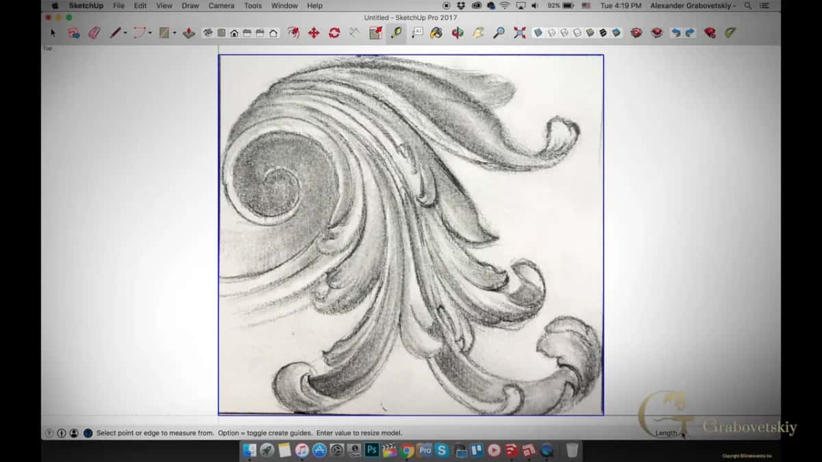 The scroll now fills the SketchUp window inside a blue selection box