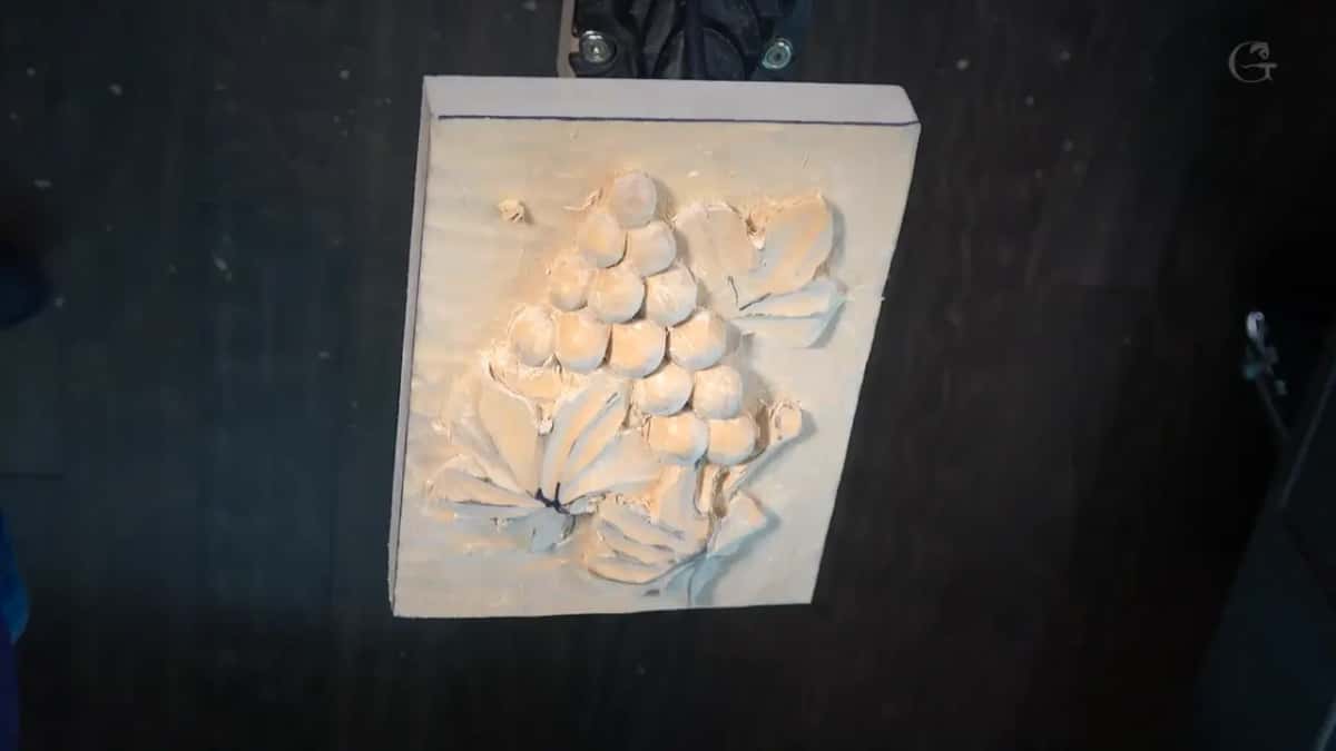Grape cluster roughed out with leaf shapes at the right and along the bottom, no hand in view