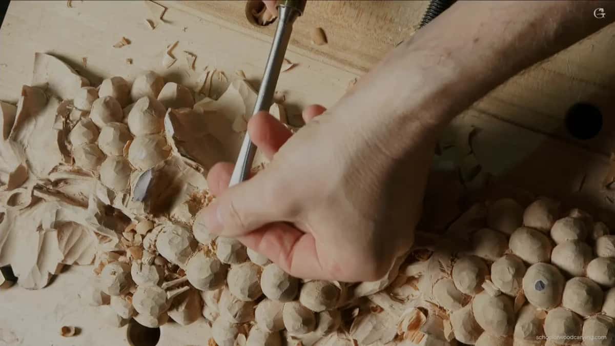 Long thin tool held almost upright between the fingers, its tip down among the grapes