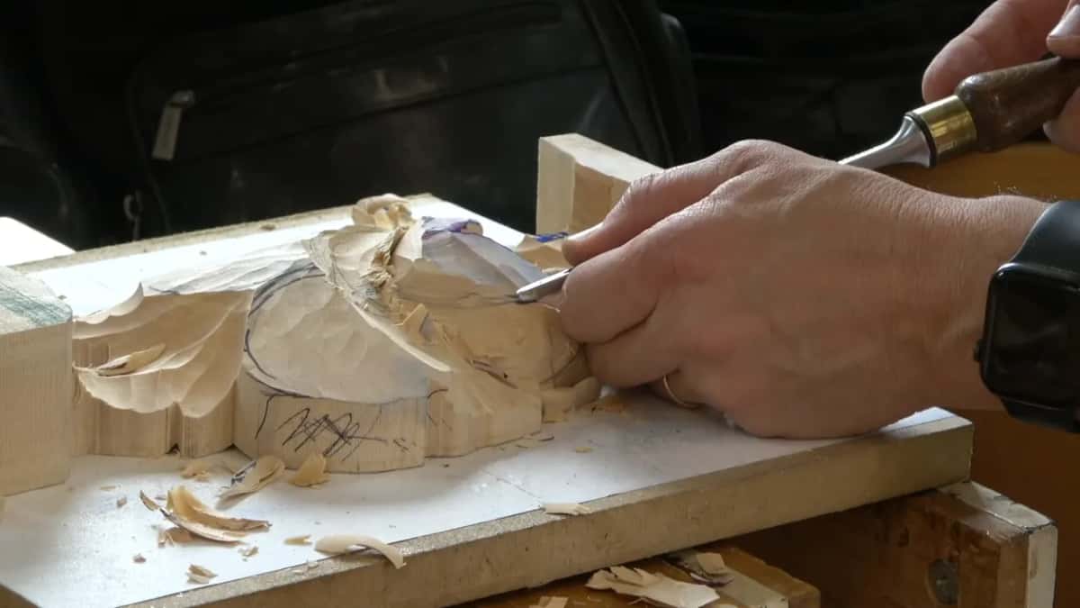 Wood handled gouge slicing into the tulip from the right, seen at bench height, chips on top