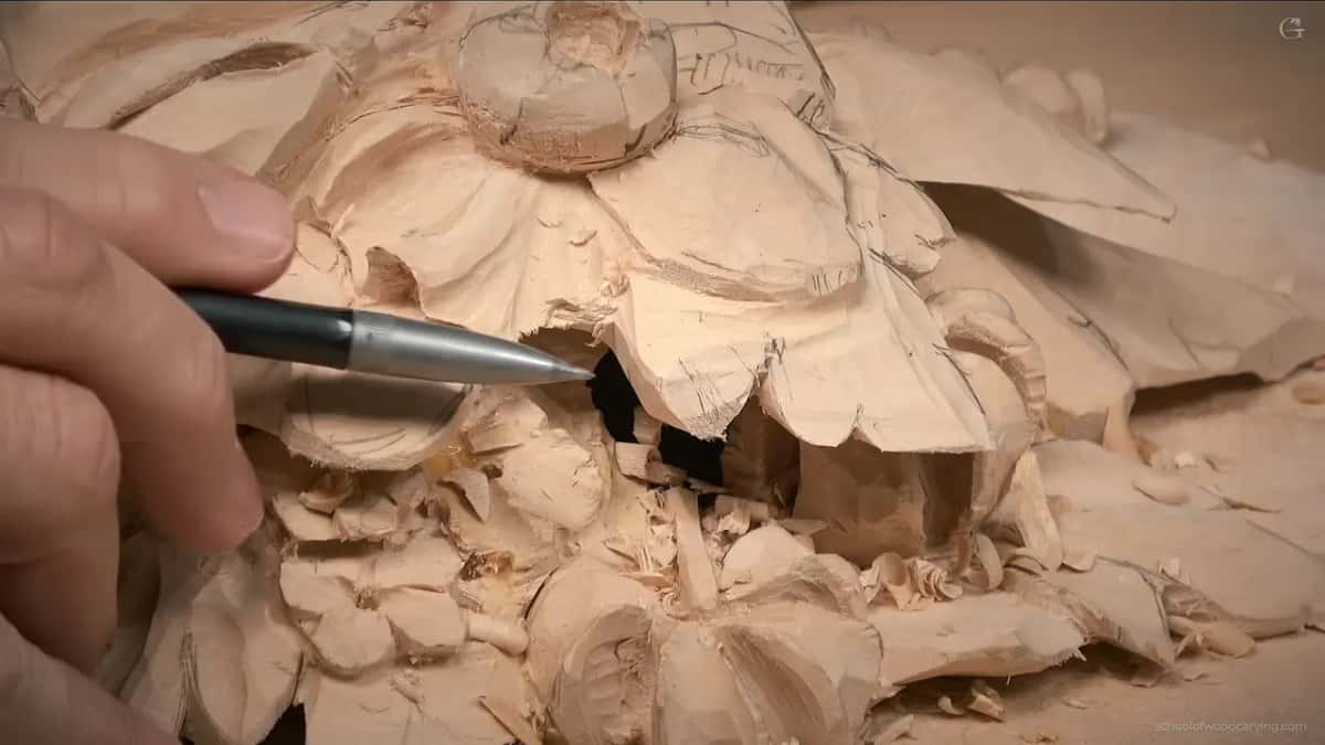 A pencil tip points into the dark gap under one petal, shavings piled below it