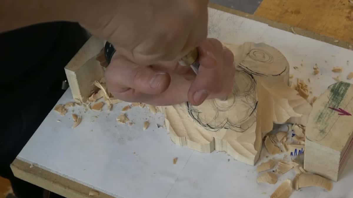 Gouge set into the drawn flower, leaning, about to take a plug out of the middle of it