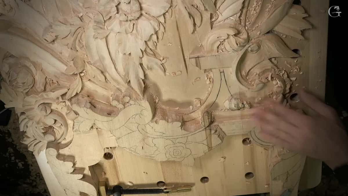 The Venice Room panel from above, the leaves carved and the lower half still in pencil