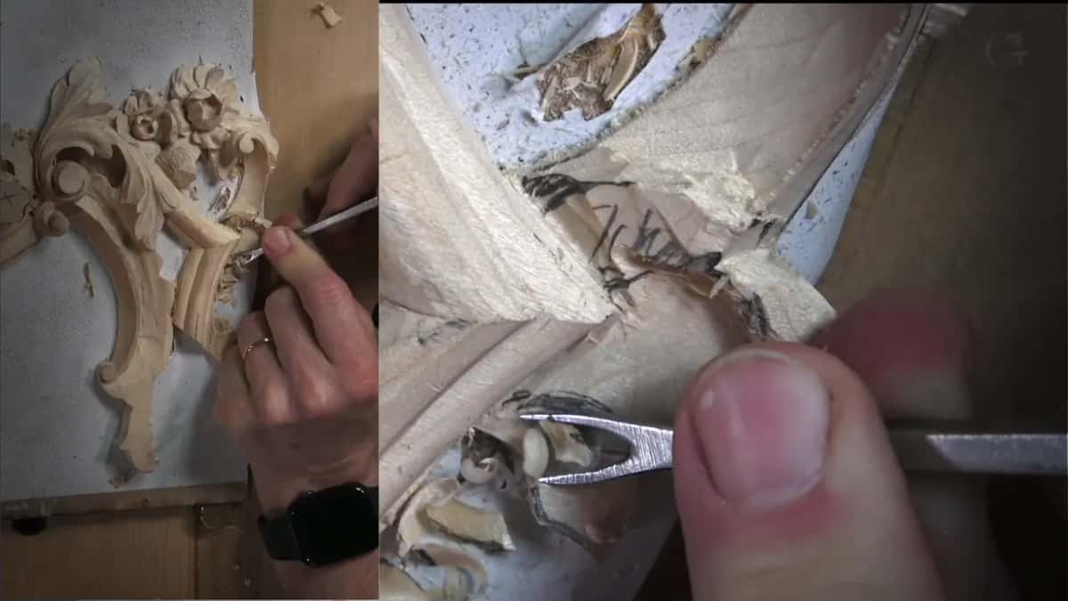 Thumb behind a gouge as it lifts a curl of wood from the leaf
