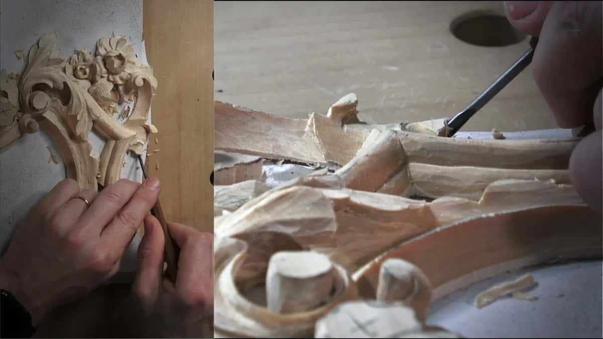 Low view of a small gouge working in under the curl at the end of the molding