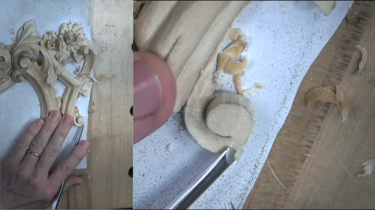 Thumb steadies the work as a flat tool slopes the wall below the spiral