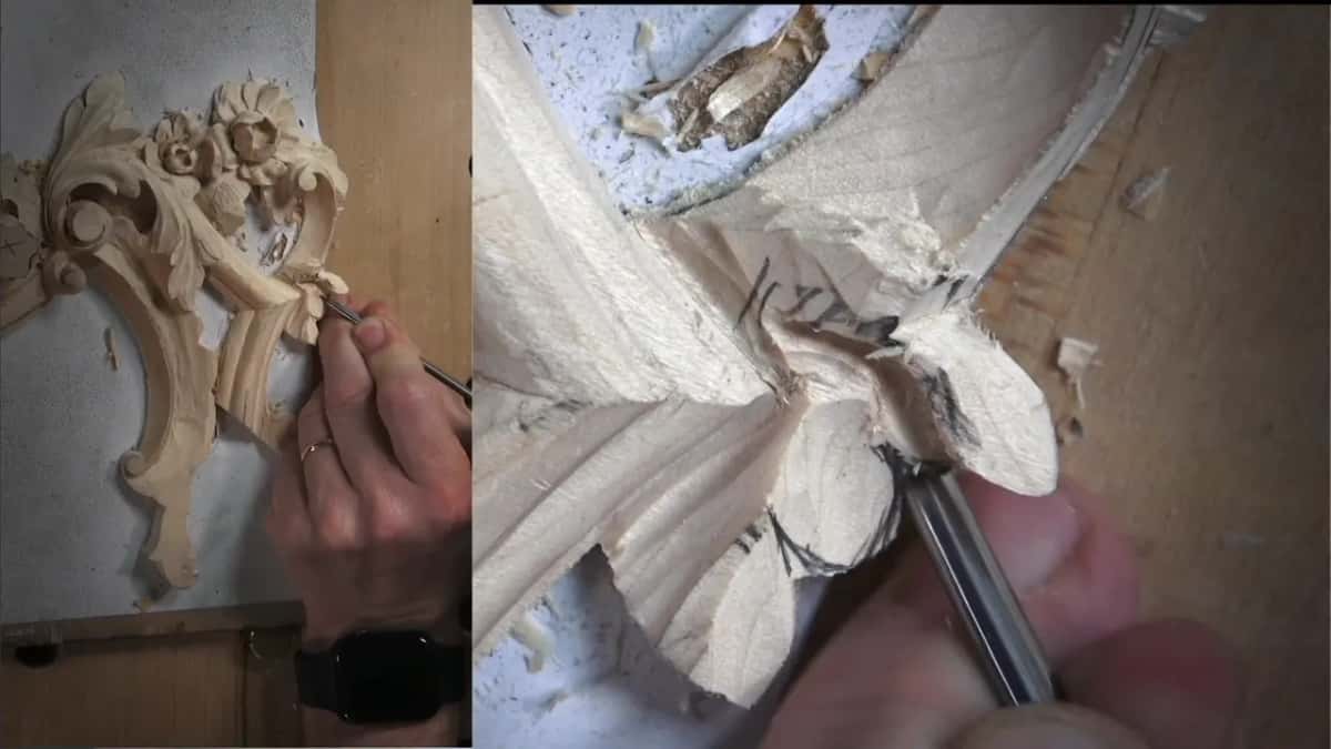 A small U-shaped gouge digs at the base of the pencil-marked leaf, the whole panel in the top view
