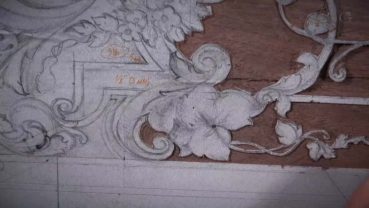 Orange pencil on the paper pattern reads 3/16 circled beside 5 mm, and 1/8 inch with 3 mm under it