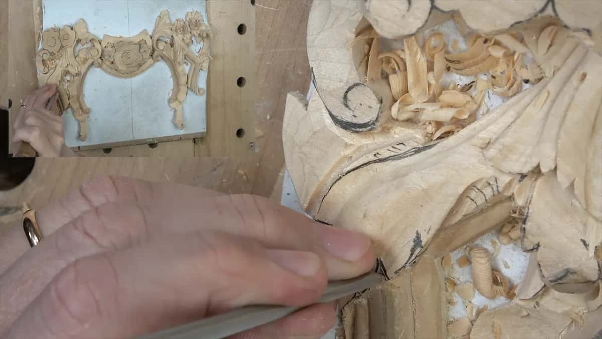 A hand presses a small tool in at the edge of the leaf where pencil marks run