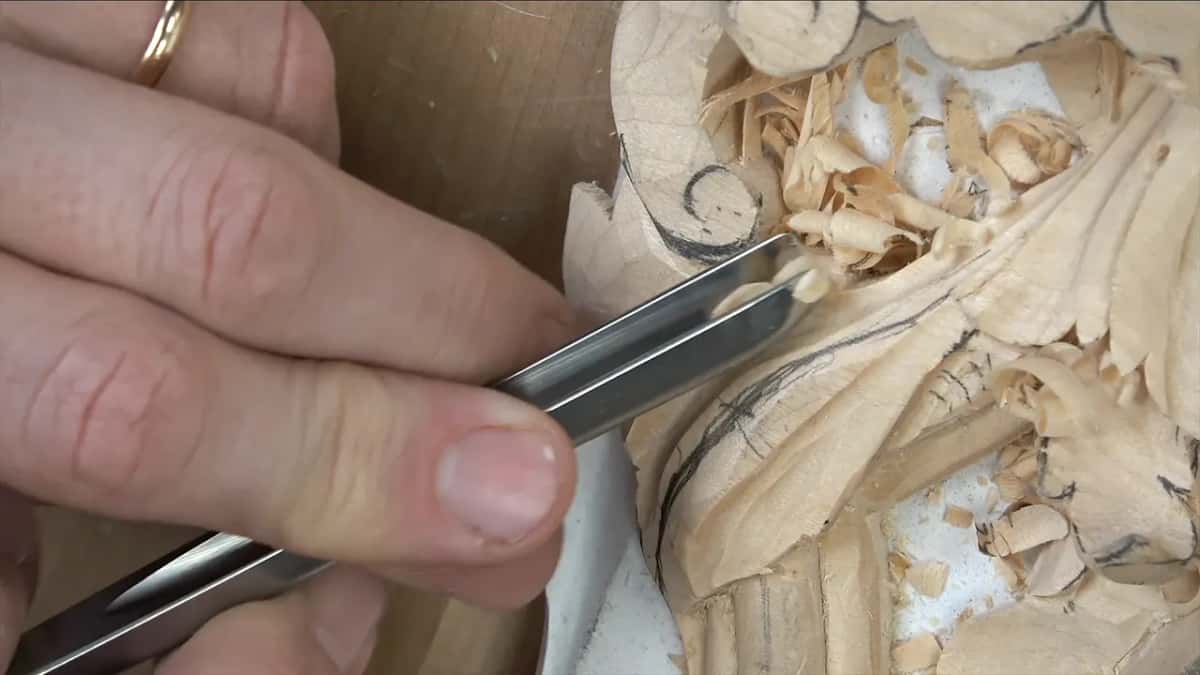 Veiner tilted in the fingers, a shaving on its edge