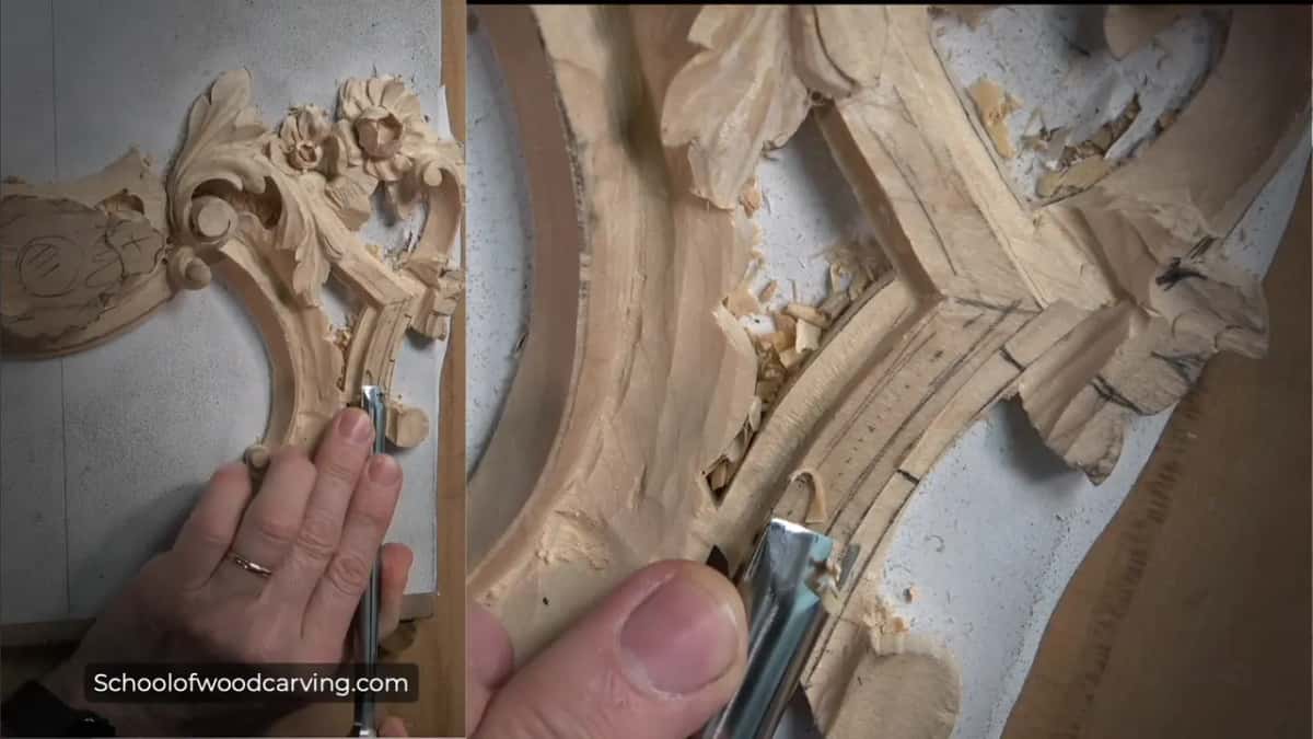 Overhead, a gouge at the molding beside the small scroll, the whole panel in a corner inset