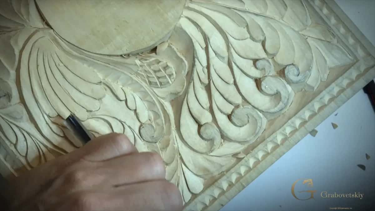 On a feather under the round body of the bird, a gouge